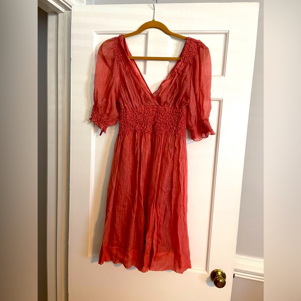 BCBG coral and gold thread dress. Super cute! Smocked waistline. Lined.